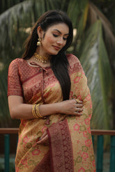 Glorious Kanjivaram Yellow & Maroon Color Soft Silk Saree